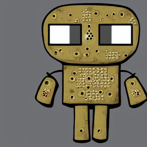 Prompt: a tall robot alien with beige skin and a cube head with screens and dots on it