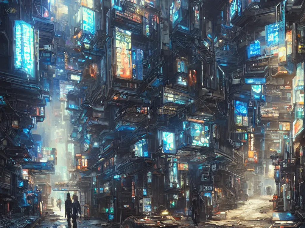 Prompt: realistic painting of a complex, gritty alleyway of a futuristic city, piping, concept art, technological screens, cyberpunk style, cyberpunk ads, hieroglyphic signs, computation, intricate detail, noriyoshi ohrai and edward hopper, realism, blue color scheme, trending on artstation
