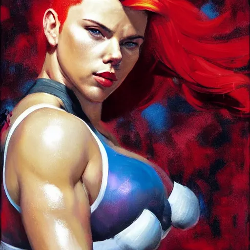 Image similar to greg manchess portrait of scarlett johansson as thick muscular weightlifter zarya from overwatch with ponytail and red hair, medium shot, asymmetrical, profile picture, organic painting, sunny day, matte painting, bold shapes, hard edges, street art, trending on artstation, by huang guangjian and gil elvgren and sachin teng