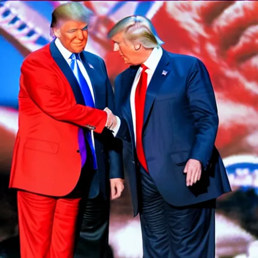 Image similar to donald trump shakes hands with superman