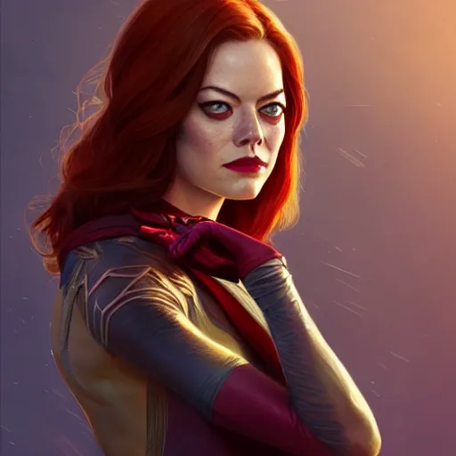 Prompt: beautiful Emma Stone as Spider-Woman, western, closeup, D&D, fantasy, intricate, elegant, highly detailed, digital painting, artstation, concept art, matte, sharp focus, illustration, art by Artgerm and Greg Rutkowski and Alphonse Mucha