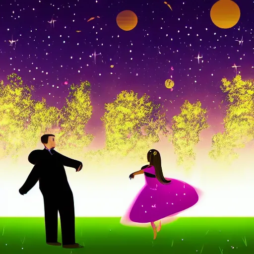 Prompt: A chubby boy and a beautiful girl slow dancing during prom night under the night sky, digital art, cinematic lighting