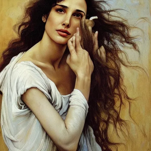 Image similar to Oil painting of the beautiful woman Gal Gadot, she is wearing some withe old cloths and a surreal ornate, her hair is natural disheveled, naturalism, dramatic lighting, high-detailed oil painting by Ilya Repin, Michelangelo da Caravaggio, William Blake, Alex Grey and Beksinski, trending on Artsatio, masterpiece, 4k, 8k,