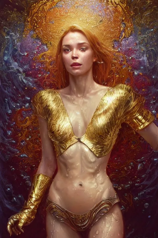 Image similar to portrait of a beautiful woman wearing a gold red armor, silver hair, drenched body, wet dripping hair, emerging from the water, fantasy, regal, fractal crystal, fractal gems, by stanley artgerm lau, greg rutkowski, thomas kindkade, alphonse mucha, loish, norman rockwell