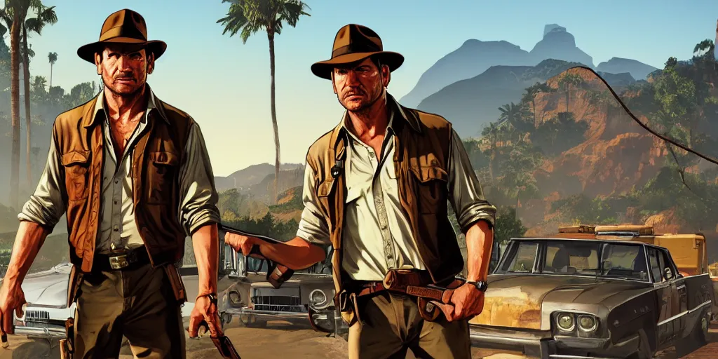 Image similar to Indiana Jones in GTA V, Cover Art by Stephen Bliss, Boxart, Loading Screen. 8k Resolution