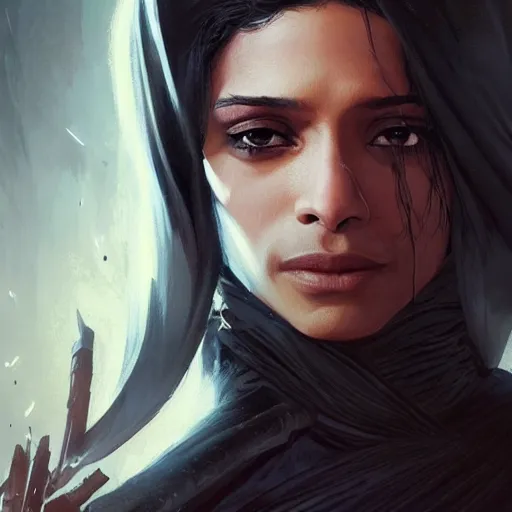 Image similar to darth alisaie leveilleur, freida pinto, art by artgerm and greg rutkowski and magali villeneuve, portrait, highly detailed, headshot, intricate, elegant, digital painting, trending on artstation, concept art, sharp focus, illustration