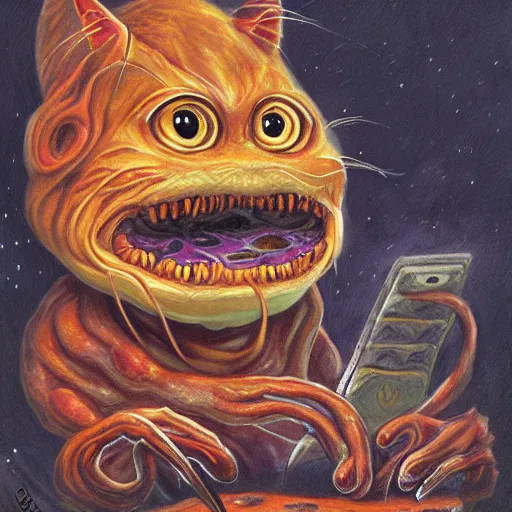 Prompt: painting of an eldritch alien cat creature that looks like garfield, eating lasagna, in the style of wayne barlowe