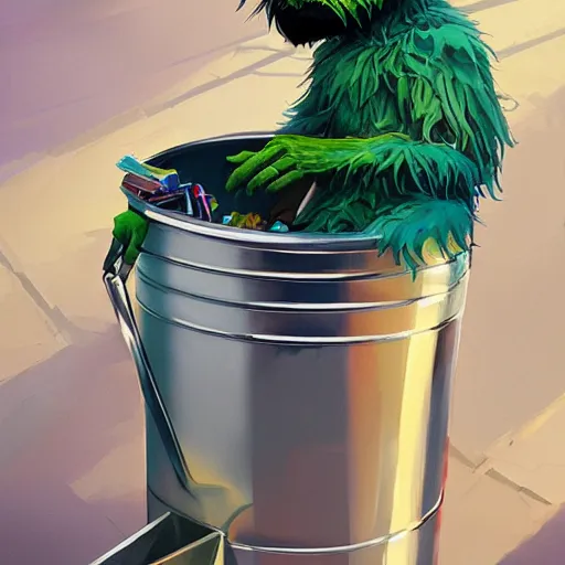 Image similar to oscar the grouch in a chrome plated garbage can, behance hd by jesper ejsing, by rhads, makoto shinkai and lois van baarle, ilya kuvshinov, rossdraws global illumination