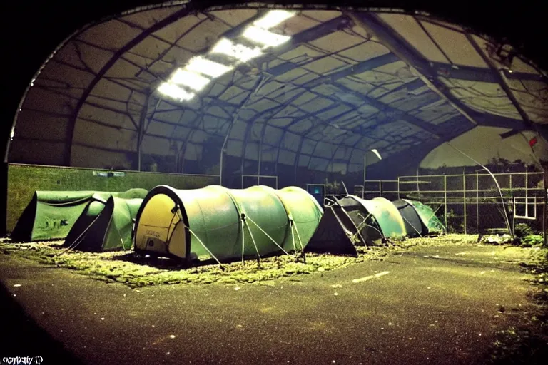 Image similar to post apocalyptic over grown leisure centre being used as shelter, night!!!!, barrel fires and tents, low light