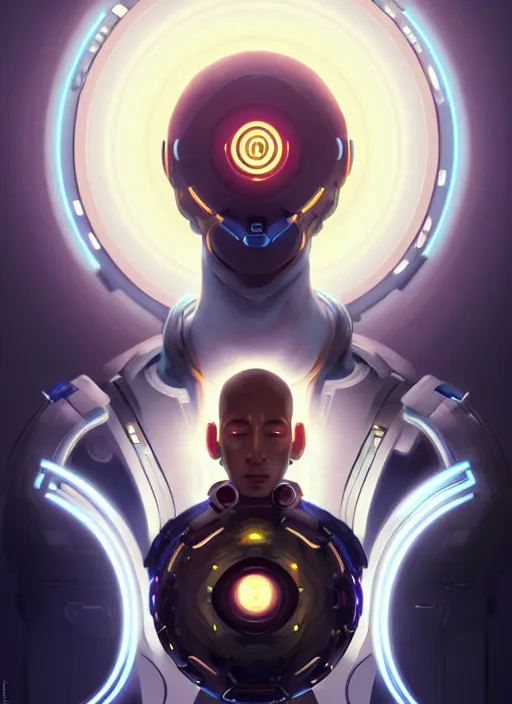 Image similar to symmetry portrait of zenyatta from overwatch, sci - fi, tech wear, glowing lights intricate, elegant, highly detailed, digital painting, artstation, concept art, smooth, sharp focus, illustration, art by artgerm and greg rutkowski and alphonse mucha