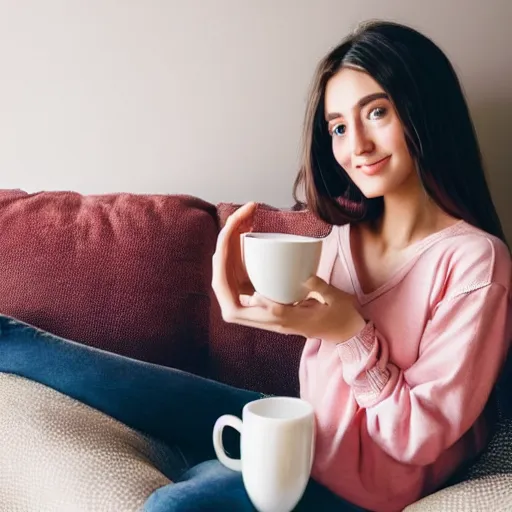 Image similar to photograph of a cute thin young woman, red blush, wearing casual clothes, small smile, relaxing on a couch, holding a steaming cup of coffee, cozy living room, medium shot, 8 k, trending on instagram, photorealistic, trending on pinterest, portra 4 0 0