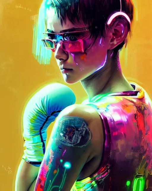 Image similar to detailed portrait Neon boxer Girl, cyberpunk futuristic neon, reflective crop top and shorts, boxing gloves, decorated with traditional Japanese ornaments by Ismail inceoglu dragan bibin hans thoma greg rutkowski Alexandros Pyromallis Nekro Rene Maritte Illustrated, Perfect face, fine details, realistic shaded, fine-face, pretty face