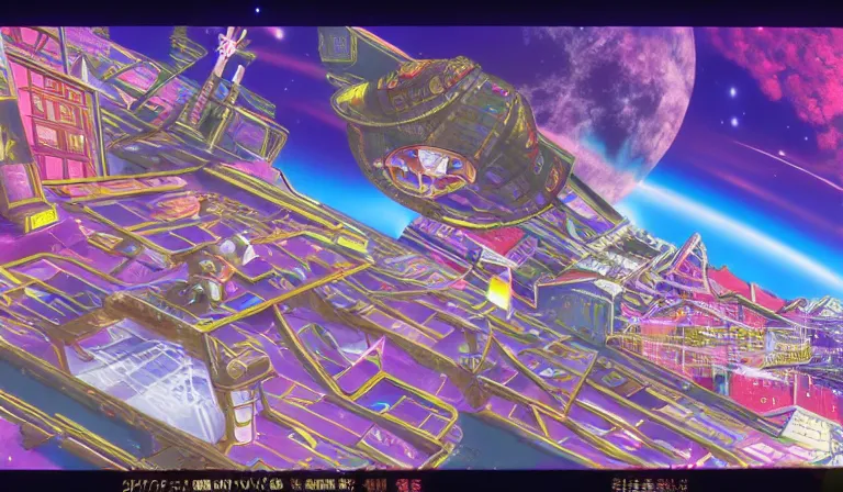 Prompt: Visual novel game set in a Byzantine space station, gameplay screenshot with UI, 4K, anime, by Tadanori Yokoo, Yoshitaka Amano, CLAMP