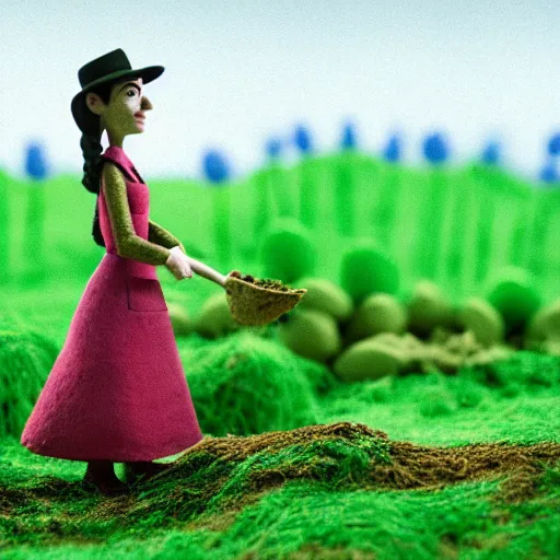 Image similar to a cinematic film still of a claymation stop motion film starring anne hathaway as female farmer with pitchfork, shallow depth of field, 8 0 mm, f 1. 8