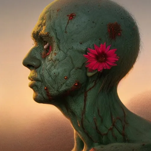 Image similar to a nature portrait of a p - zombie!!! natural lighting art dawn. highly detailed. colourful. moody. artstation, 4 k, by gerald brom zdzisław beksinski, and ansel adams and studio ghibli, horror, lots of sakura flowers, lovely