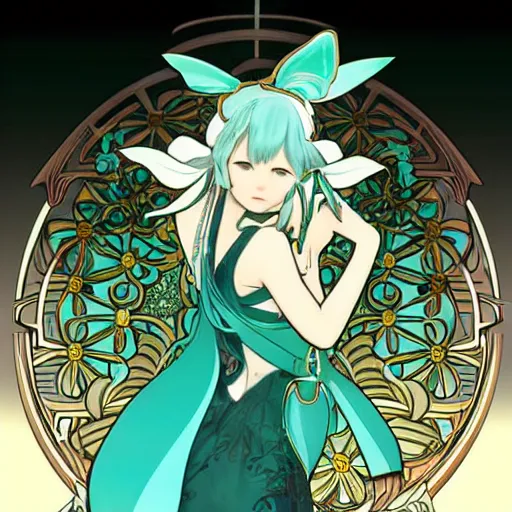 Prompt: hatsune miku, artwork by Alphonse Mucha, highly detailed, manga, anime