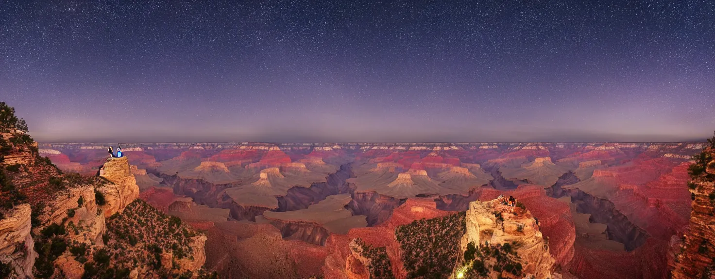 Image similar to Grand Canyon, night scenery, group of tourists and minivan standing at the edge and photographing a big neon-lit figure floating in the sky above the Grand Canyon, beautiful lighting, professional photography