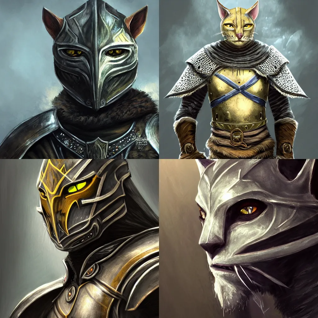Prompt: a painting of a noble khajiit knight from skyrim, concept art, high detail, 8 k wallpaper, portrait, studio photography, trending on artstation