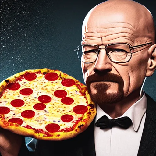 Image similar to walter white wearing a pizza costume, unreal, render, splash, award winning illustration