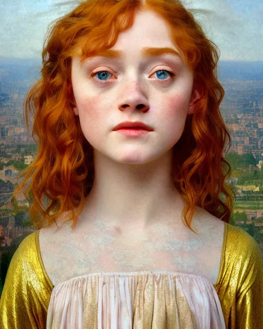 Image similar to realistic oil painting of sadie sink or redheaded saoirse ronan wearing a reflective gold club dress, highly detailed, intricate, elegant, digital painting, smooth, sharp focus, illustration, ultra realistic, 8 k, by bouguereau, alphonse mucha, artgerm, and donato giancola