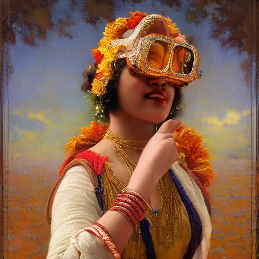 Image similar to detailed full body of hindu traditional woman blindfolded by high - tech vr headset, girl graceful,, painting by gaston bussiere, craig mullins, j. c. leyendecker, lights, art by ernst haeckel, john william godward, hammershøi,,