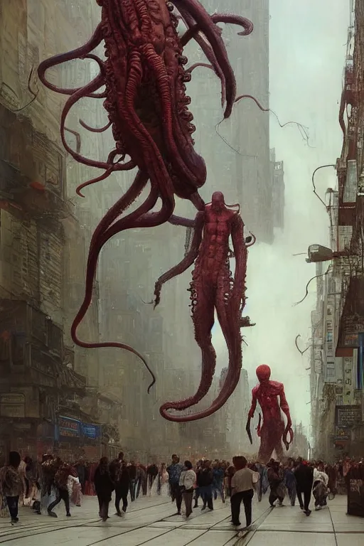 Image similar to huge towering bipedal martian with bulbous torso and tentacles instead of arms walks down city street, people flee, painted by ruan jia, raymond swanland, lawrence alma tadema, zdzislaw beksinski, norman rockwell, jack kirby, tom lovell, alex malveda, greg staples