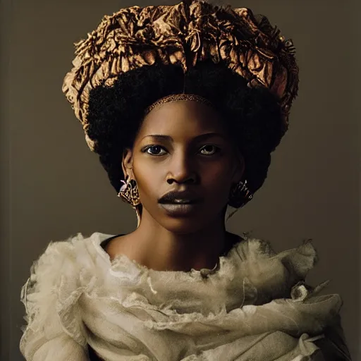 Image similar to portrait of young afro woman in renaissance dress and renaissance headdress, art by peter lindbergh