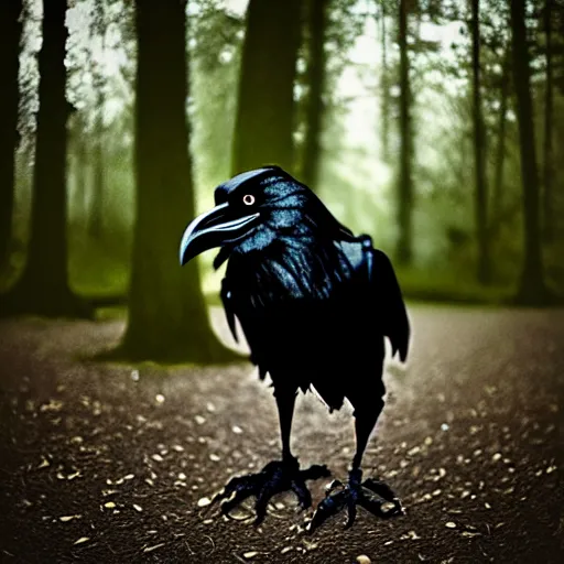 Image similar to werecreature consisting of a human and crow, photograph captured in a forest