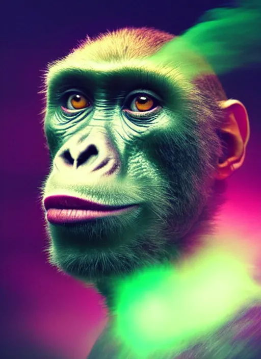 Image similar to an ethereal, misty portrait of a monkey whose face is accented with neon - toned glowing eyeliner. the makeup floats off his face and joins swirling clouds of smoke and fog, becoming an aurora. muted tones. surreal portrait, cinematic lighting, 8 k, smooth, sharp focus, digital painting, rendered in octane, painted by tom bagshaw, artgerm
