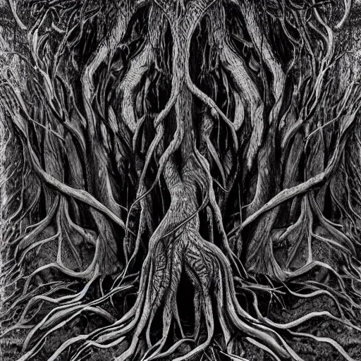 Image similar to award - winning painting of pitch black, tar - like, shadow roots with lots of tendrils spreading everywhere, intricate detail, deep black roots, infestation, shadowy, lovecraftian, beksinksi, black and white, monochrome