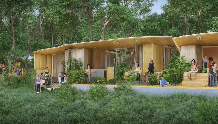 Prompt: A wide image of an eco-community neighborhood of innovative contemporary 3D printed prefab sea ranch style cabins with rounded corners and angles, beveled edges, made of cement and concrete, organic architecture, in a lush green eco community with side walks, parks and public space , Designed by Gucci and Wes Anderson, golden hour