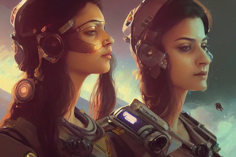 Image similar to Sensual beautiful female pale young Indian doctors wearing Deus Ex clothing in a space station above Earth, portrait, elegant, intricate, digital painting, artstation, concept art, smooth, sharp focus, illustration, art by artgerm and greg rutkowski and alphonse mucha