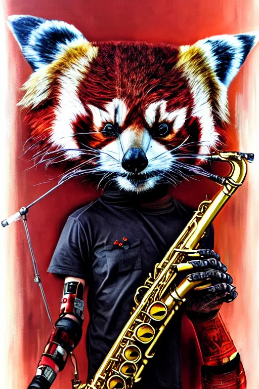 Image similar to a portrait of an anthropomorphic cyberpunk single red panda playing a saxophone by sandra chevrier, by jon foster, detailed render, tape deck, epic composition, cybernetics, 4 k realistic, cryengine, realistic shaded lighting, sharp focus, masterpiece, by enki bilal