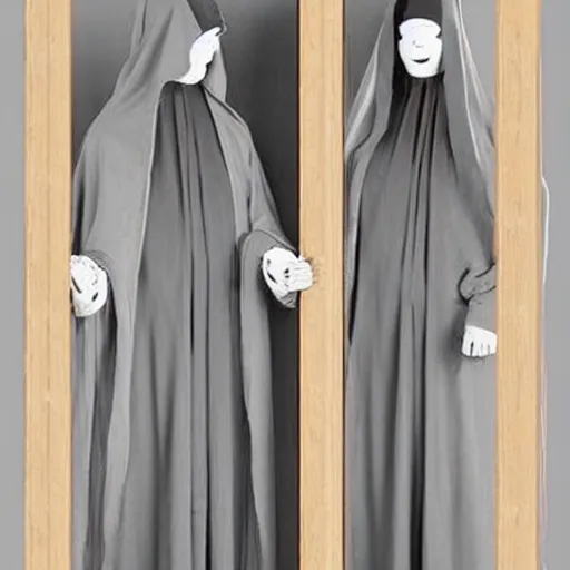 Image similar to award winning photo two Hovering twin nuns wearing hoods, buxom chested blindfolded wearing translucent veils see through dress, Very long arms, bedroom, wood door, eerie, frightening, highly detailed, photorealistic, colorized —width 1024 —height 1024