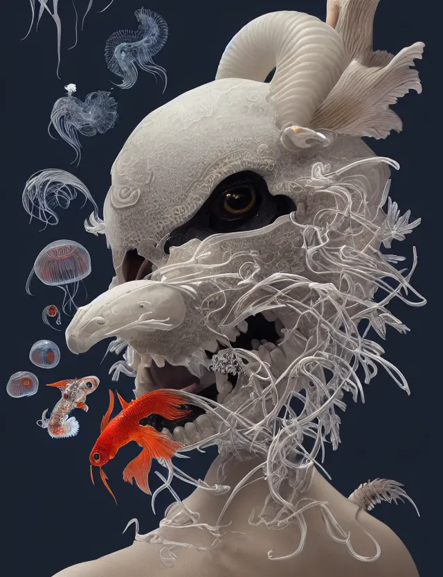 Image similar to 3 d liminal space frontal portrait with ram skull. beautiful intricately detailed japanese crow kitsune mask and clasical japanese kimono. betta fish, jellyfish phoenix, bio luminescent, plasma, ice, water, wind, creature, artwork by tooth wu and wlop and beeple and greg rutkowski