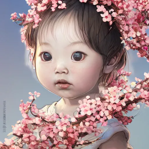 Image similar to the portrait of an absurdly cute, graceful, elegant, young japanese baby girl made of cherry flowers and petals, an ultrafine hyperdetailed illustration by kim jung gi, irakli nadar, intricate linework, bright colors, octopath traveler, unreal engine 5 highly rendered, global illumination, radiant light, detailed and intricate environment