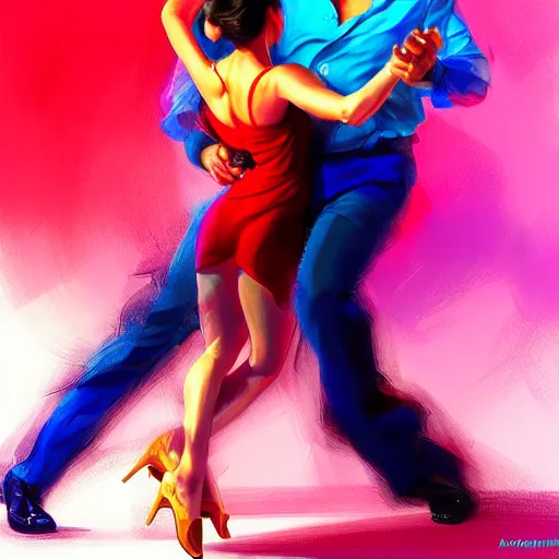 Image similar to semi realistic portrait Salsa Dancing by Stanley Artgerm Lau, strong rim light, Gesture draw, Salsa Social Dance, couple, Salsa tricks, explosive colors background, WLOP, Rossdraws, Gesture draw, James Jean, Andrei Riabovitchev, Marc Simonetti, and Sakimichan, trending on artstation