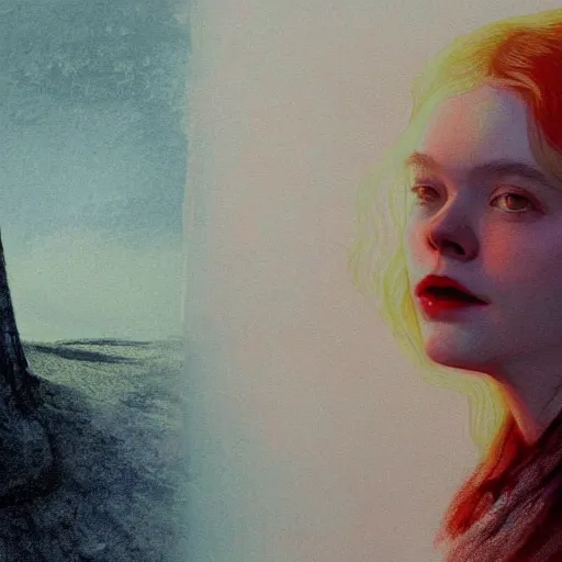 Image similar to Elle Fanning in the painted world of Crimson Peak, head and shoulders masterpiece, apocalypse, golden hour, cosmic horror, artstation, in the style of Andrew Wyeth and Edward Hopper and Bosch, extremely detailed