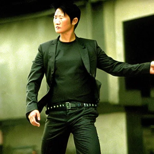 Prompt: film still of Sung Kang as neo in The Matrix (1999)