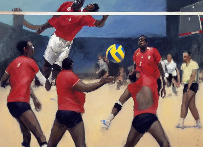Image similar to a highly detailed beautiful portrait of notorious big playing voleyball, by gregory manchess, james gurney, james jean