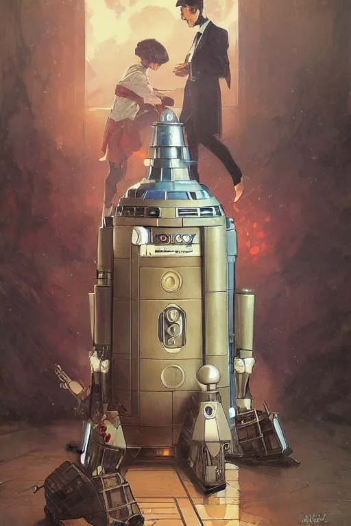 Prompt: Second Doctor, Dalek, TARDIS, by Stanley Artgerm Lau, greg rutkowski, thomas kindkade, alphonse mucha, loish, norman Rockwell