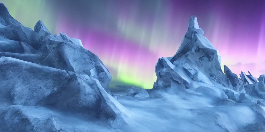 Image similar to icy mountain, icy buildings, glowing nacreous clouds, aurora borealis, cinematic lighting, atmospheric lighting, focus, ultra realistic, detailed, award winning, trending on artstation, unreal engine, digital art