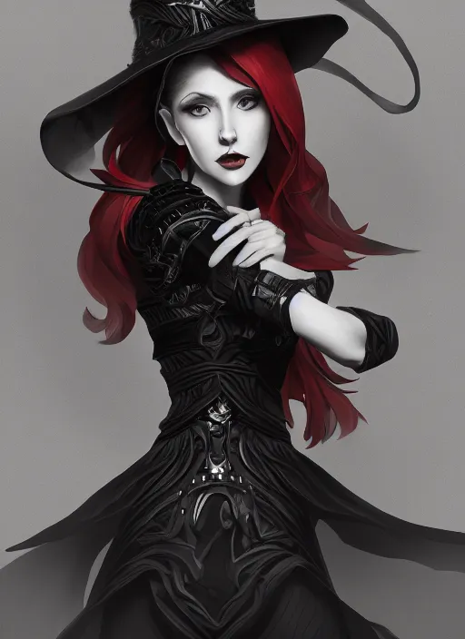 Prompt: a highly detailed illustration of red haired lady wearing black noir dress and black sun hat, dramatic singing pose, intricate, elegant, highly detailed, centered, digital painting, artstation, concept art, smooth, sharp focus, league of legends concept art, wlop.