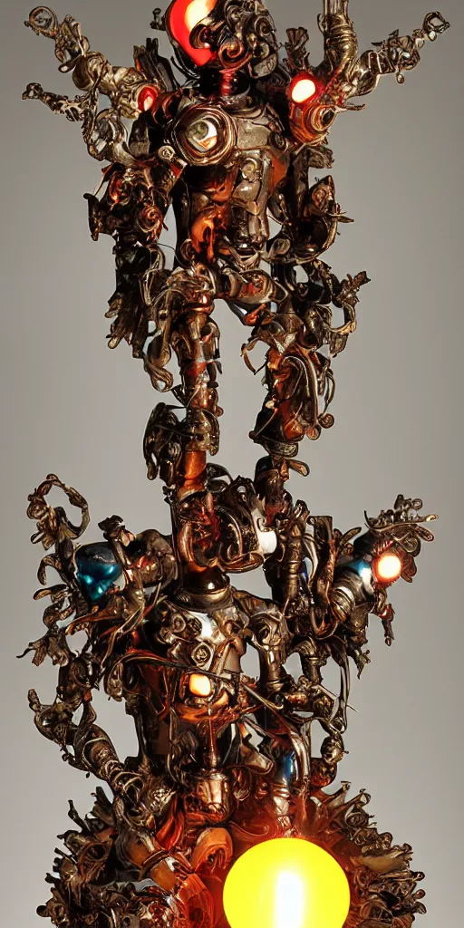 Image similar to a young handsome Spanish metal and porcelain android with a large glowing red lit gem in the center of his chest, full-body bronze cyberpunk style statue of Icarus with glowing p eyes, crown of mechanical peach roses, flowing teal-colored silk, fabric, steampunk flowers. baroque elements, human skull. full-length view. baroque element. intricate artwork by caravaggio. many flying horses on background. Trending on artstation, octane render, cinematic lighting from the right, hyper realism, octane render, 8k, depth of field, 3D