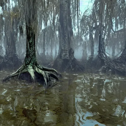 Prompt: horrible swamps bogs mechanisms