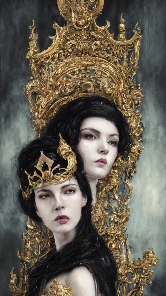 Image similar to a beautiful black haired woman with pale skin and a crown on her head sitted on an intricate metal throne, intimidating woman, large black eyes, high forehead, smooth pale skin, ethereal skin, ominous, eldritch. oil painting by nuri iyem, james gurney, james jean, greg rutkowski, highly detailed, soft lighting, chiaroscuro