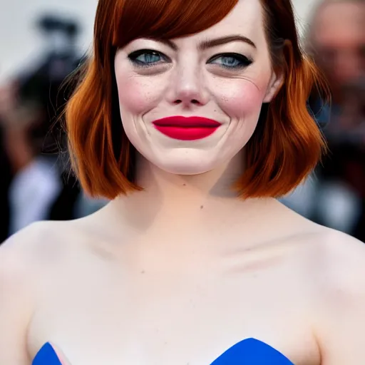 Image similar to Emma Stone wearing way too much makeup, XF IQ4, f/1.4, ISO 200, 1/160s, 8K, RAW, unedited, symmetrical balance, in-frame