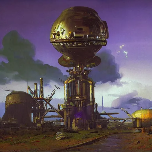 Prompt: painting of syd mead artlilery scifi organic shaped nuclear reactor with ornate metal work lands on a farm, fossil ornaments, volumetric lights, purple sun, andreas achenbach