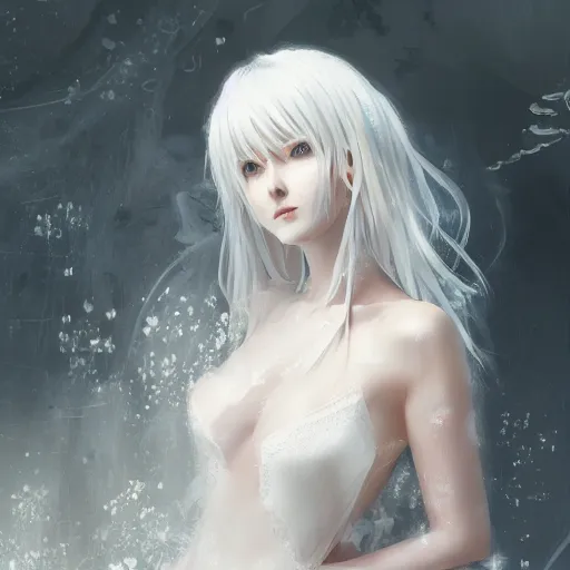 Image similar to Portrait of a white haired anime girl wearing a wet white lace nightgown, intricate, highly detailed, smooth, close-up, artstation, digital illustration by Ruan Jia