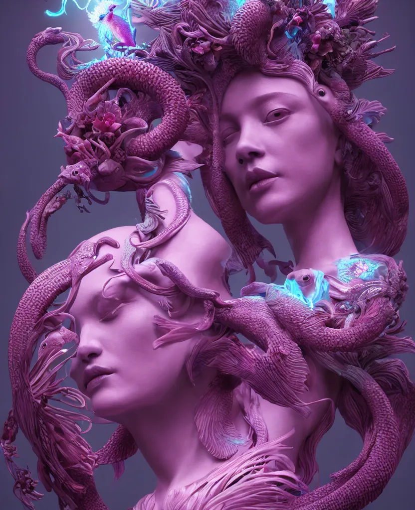 Image similar to goddess full color painted acryllic sculpture close-up portrait. orchid bird phoenix head, nautilus, skull, betta fish, bioluminiscent creatures, intricate artwork by Tooth Wu and wlop and beeple. octane render, trending on artstation, greg rutkowski very coherent symmetrical artwork. cinematic, hyper realism, high detail, octane render, 8k